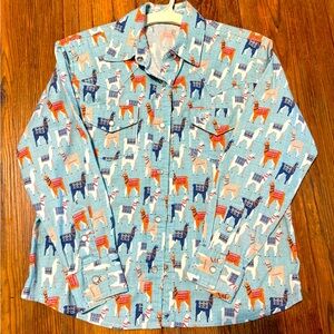 Colorful Llama Print Handmade Pearl Snap Western Shirt Youth XL